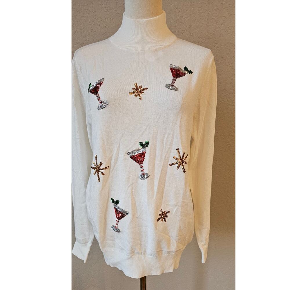 NEW Victoria‎ Harbour Martini Sequins Christmas Holiday Turtleneck Sweater FUN M